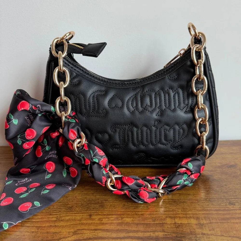 New Juicy Couture Fashion Item Black Cherry Scarf Shoulder Handbag Gold Chain